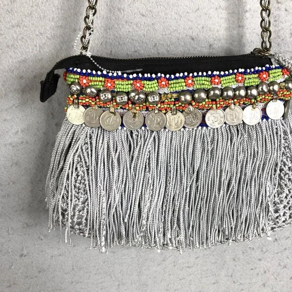 Elliot Mann Purse Beaded Fringe Coin Indie Firefly Boho Art to Wear Retro - Picture 2 of 16